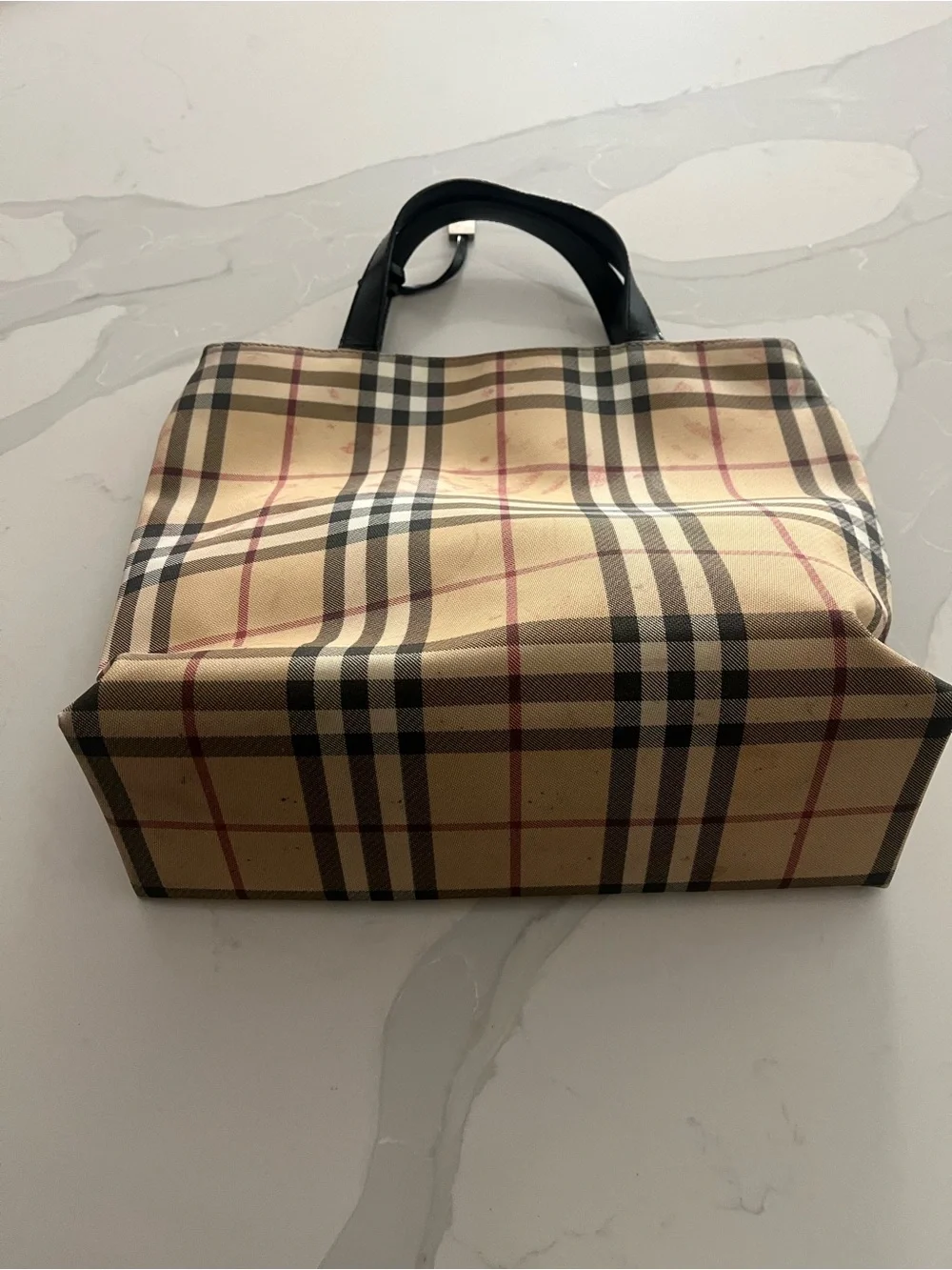 Burberry Beige Check Canvas Tote Bag with Black Handles 10x11.